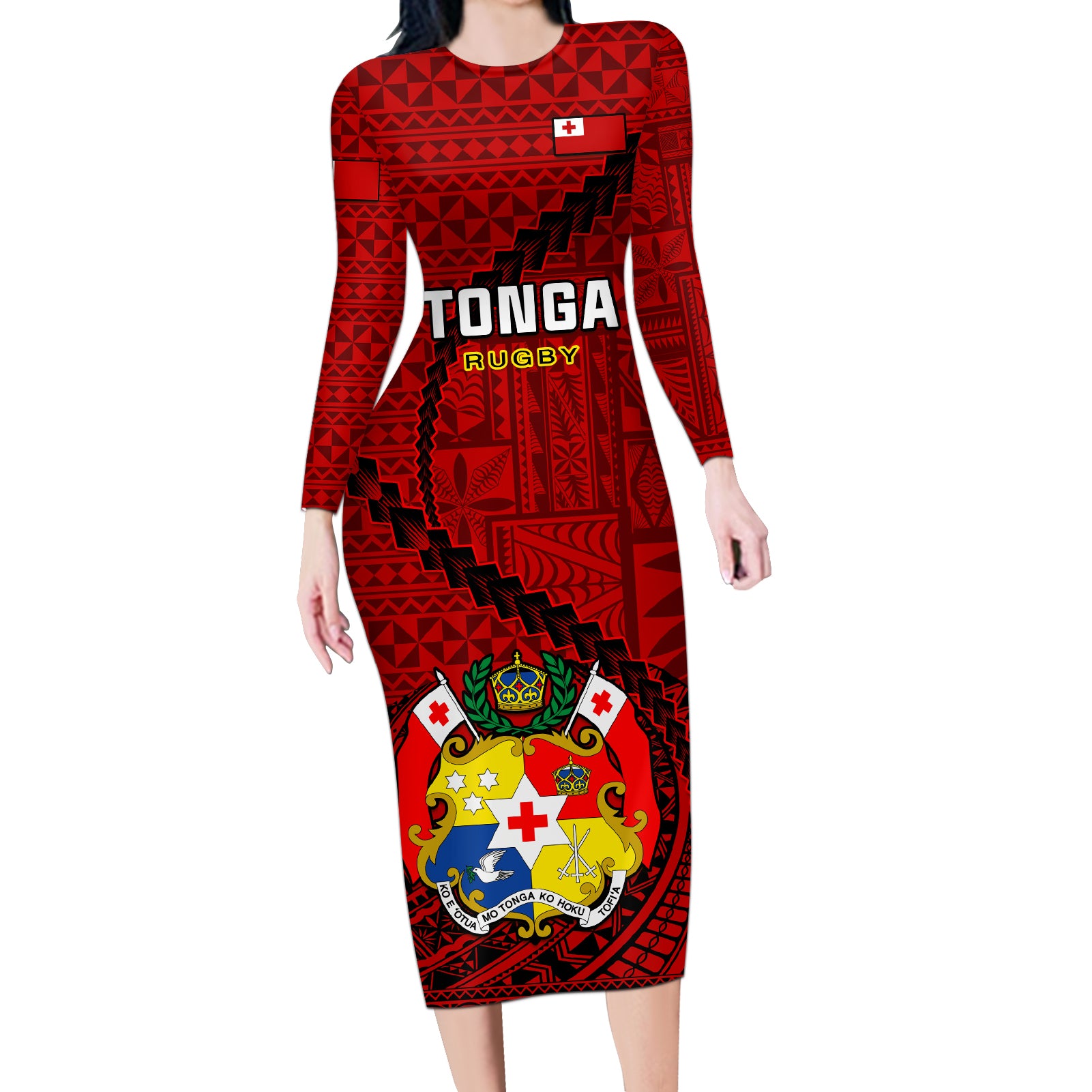 Tonga Rugby Long Sleeve Bodycon Dress Tongan Ngatu Pattern Black Version LT01 Long Dress Red - Polynesian Pride