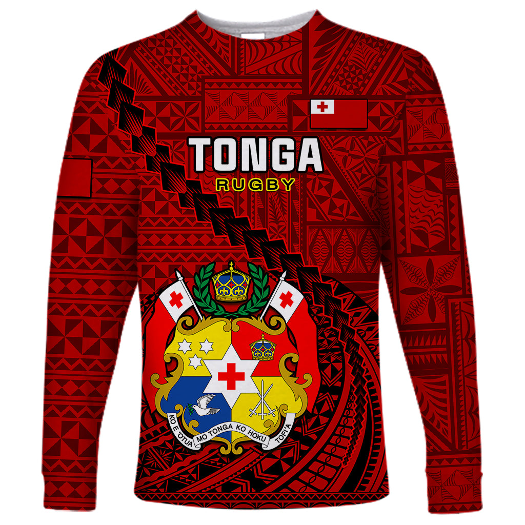 Tonga Rugby Long Sleeve Shirt Tongan Ngatu Pattern Black Version LT01 Unisex Red - Polynesian Pride