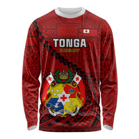 Tonga Rugby Long Sleeve Shirt Tongan Ngatu Pattern Black Version LT01 Unisex Red - Polynesian Pride