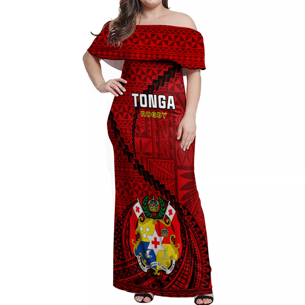 Tonga Rugby Off Shoulder Maxi Dress Tongan Ngatu Pattern Black Version LT01 Women Red - Polynesian Pride