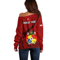 Tonga Rugby Off Shoulder Sweater Tongan Ngatu Pattern Black Version LT01 - Polynesian Pride