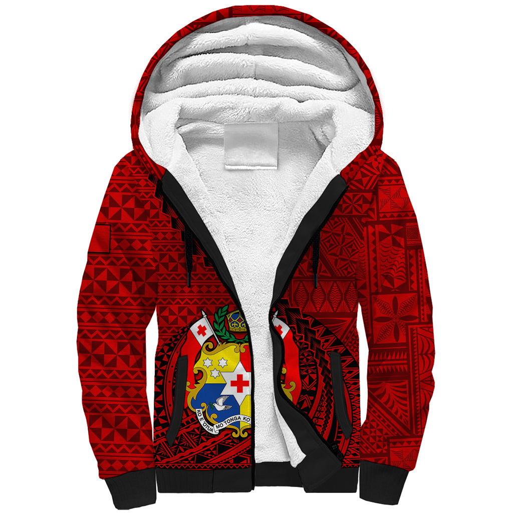 Tonga Rugby Sherpa Hoodie Tongan Ngatu Pattern Black Version LT01 Unisex Red - Polynesian Pride