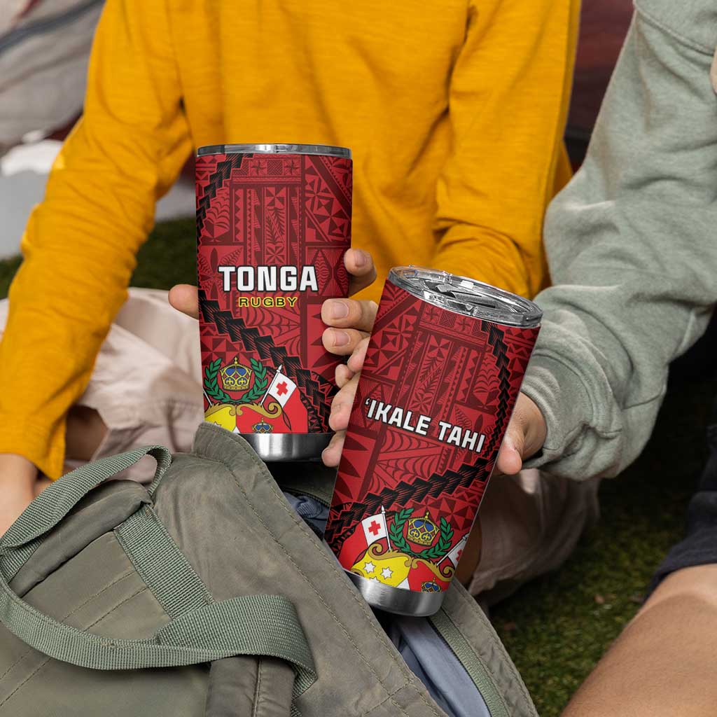 Tonga Rugby Tumbler Cup Tongan Ngatu Pattern Black Version LT01 - Polynesian Pride