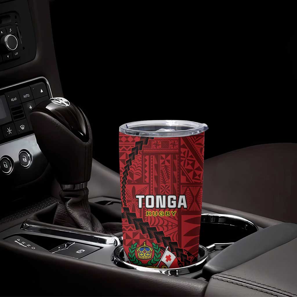 Tonga Rugby Tumbler Cup Tongan Ngatu Pattern Black Version LT01 - Polynesian Pride
