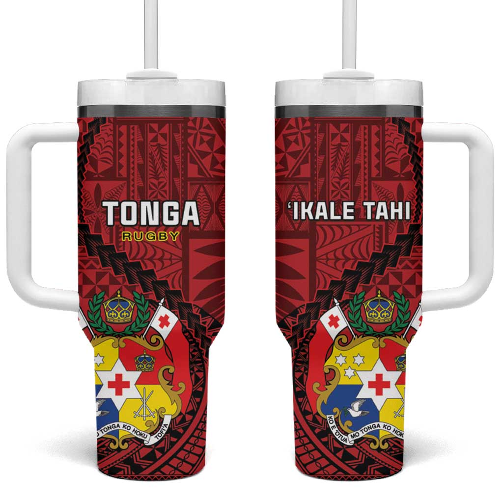 Tonga Rugby Tumbler With Handle Tongan Ngatu Pattern Black Version