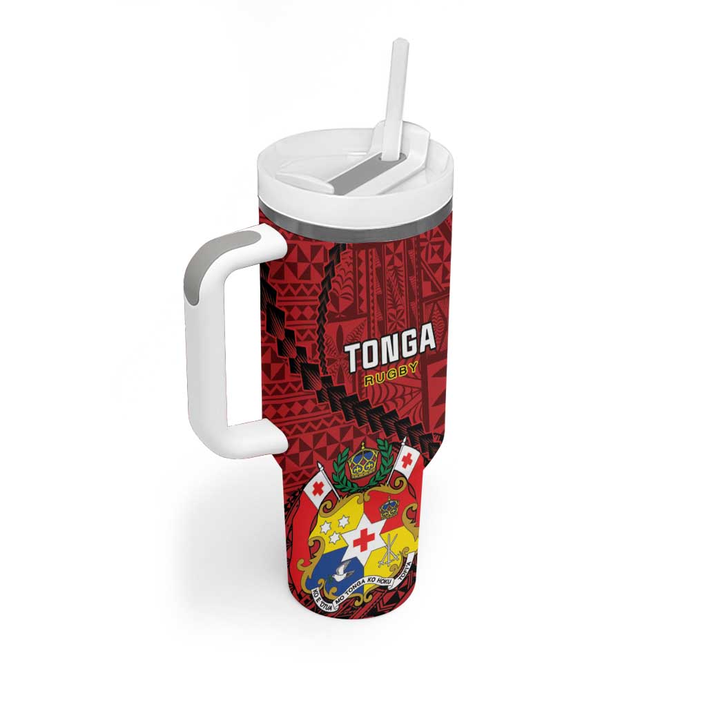 Tonga Rugby Tumbler With Handle Tongan Ngatu Pattern Black Version LT01 - Polynesian Pride