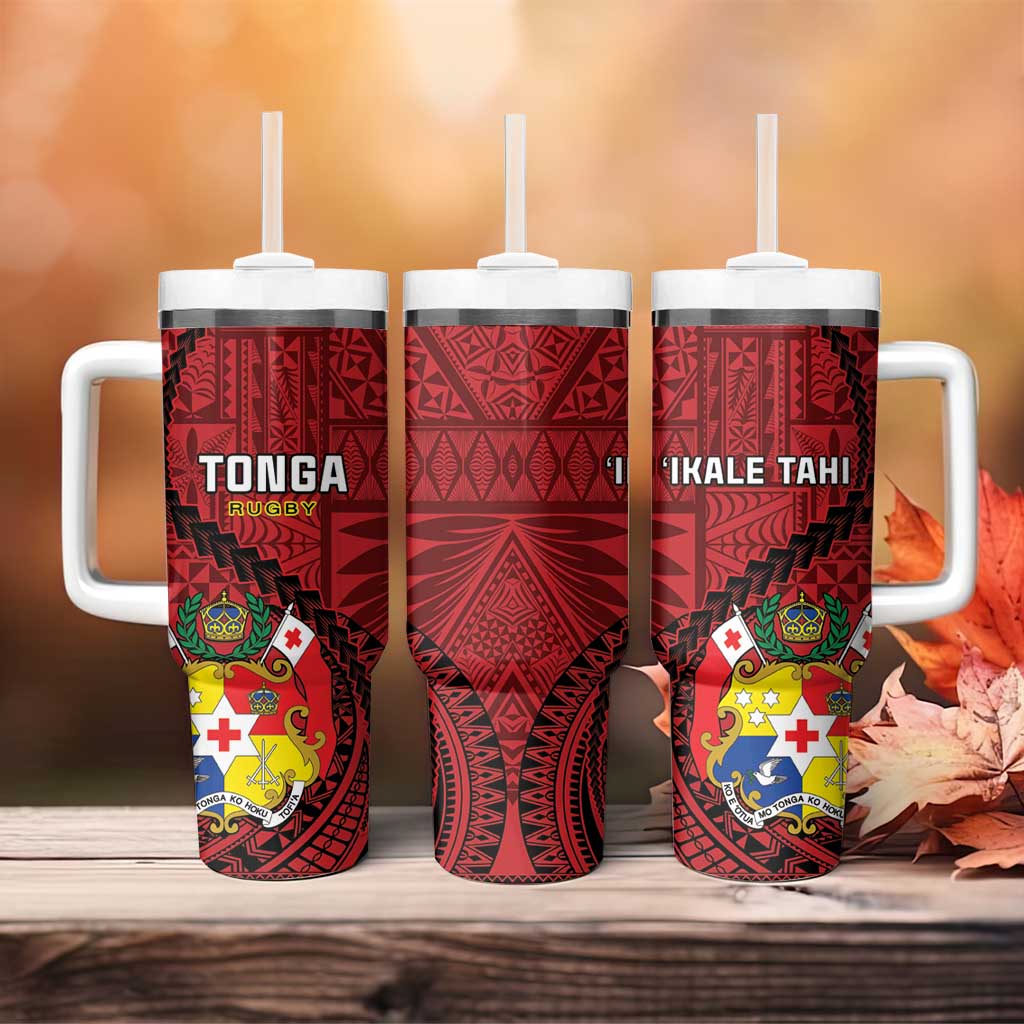 Tonga Rugby Tumbler With Handle Tongan Ngatu Pattern Black Version LT01 - Polynesian Pride