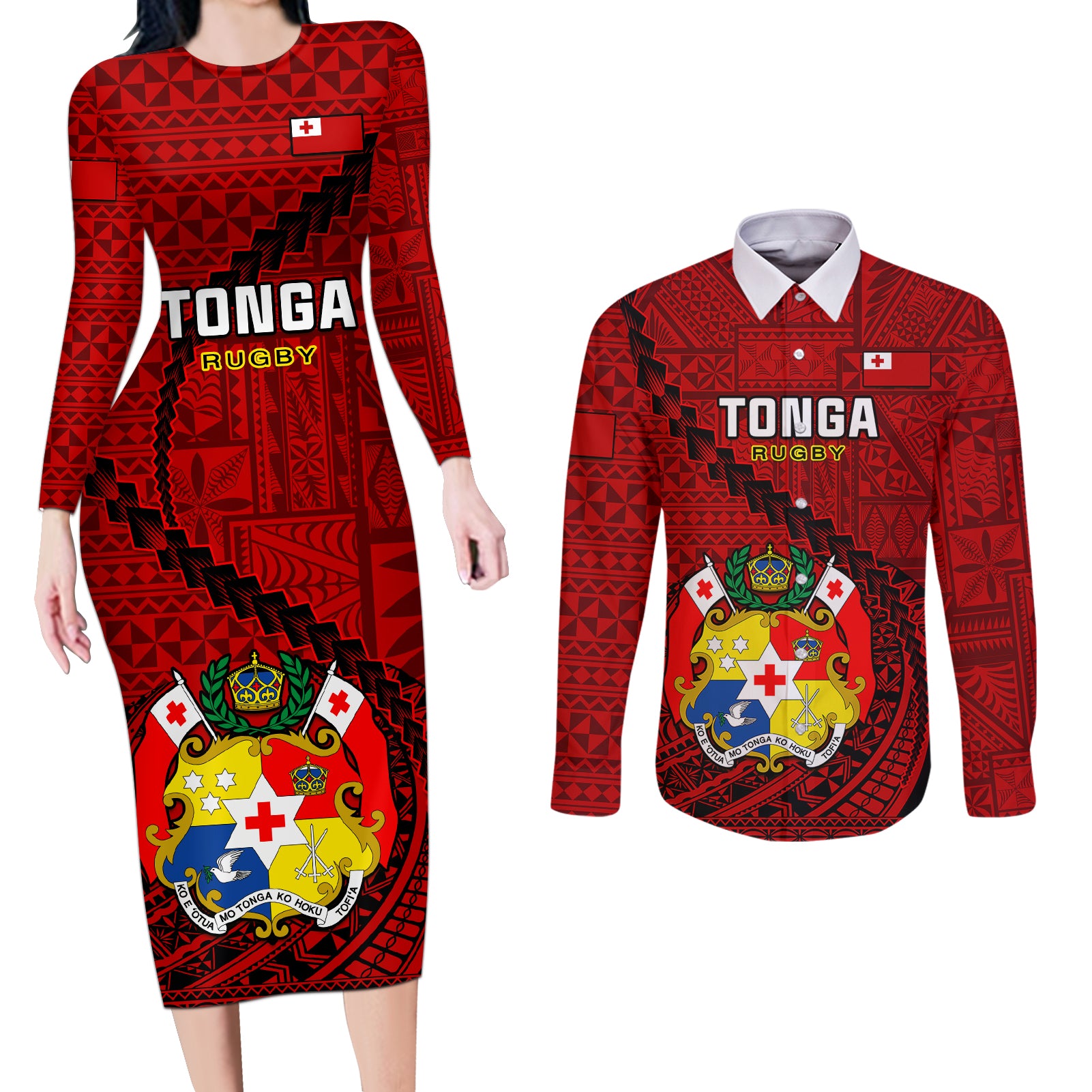 Custom Tonga Rugby Couples Matching Long Sleeve Bodycon Dress and Long Sleeve Button Shirts Tongan Ngatu Pattern Black Version LT01 Red - Polynesian Pride