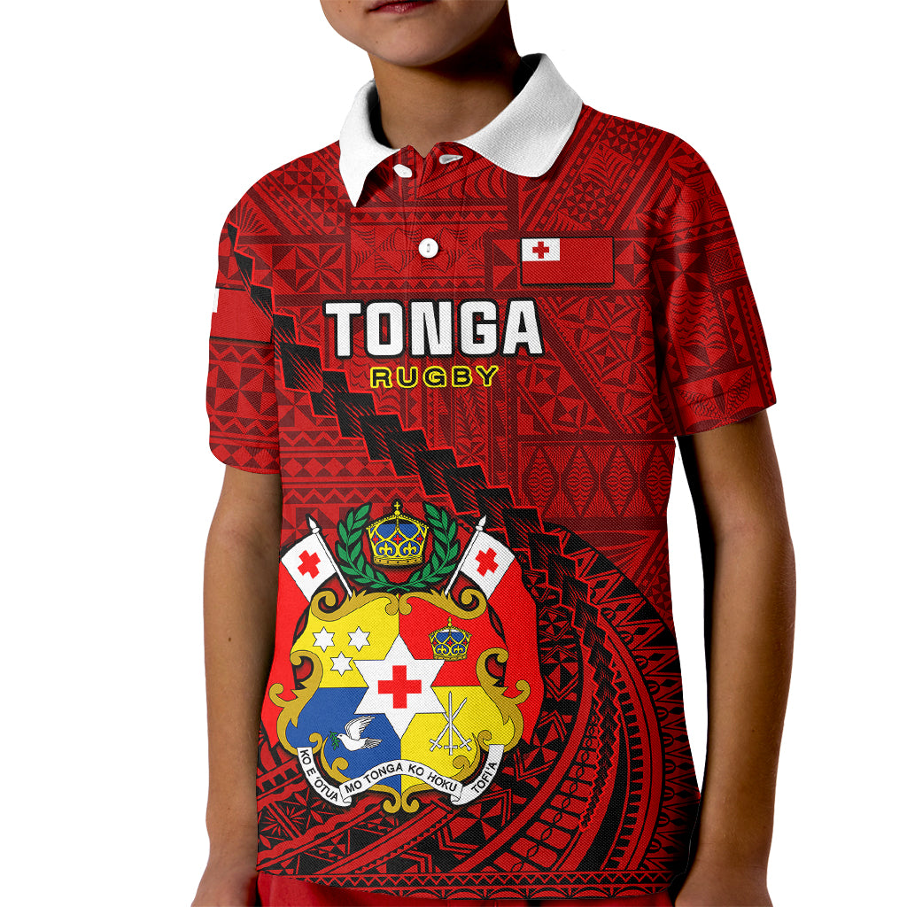 Custom Tonga Rugby Kid Polo Shirt Tongan Ngatu Pattern Black Version LT01 Kid Red - Polynesian Pride