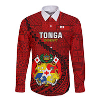Custom Tonga Rugby Long Sleeve Button Shirt Tongan Ngatu Pattern Black Version LT01 Unisex Red - Polynesian Pride