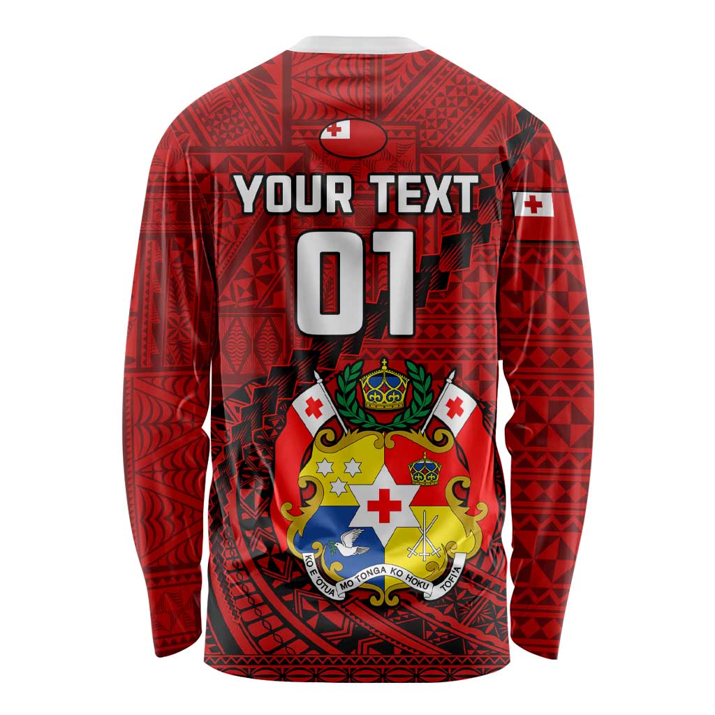 Custom Tonga Rugby Long Sleeve Shirt Tongan Ngatu Pattern Black Version LT01 - Polynesian Pride
