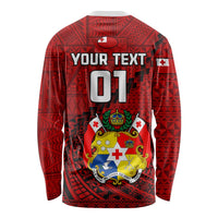 Custom Tonga Rugby Long Sleeve Shirt Tongan Ngatu Pattern Black Version LT01 - Polynesian Pride