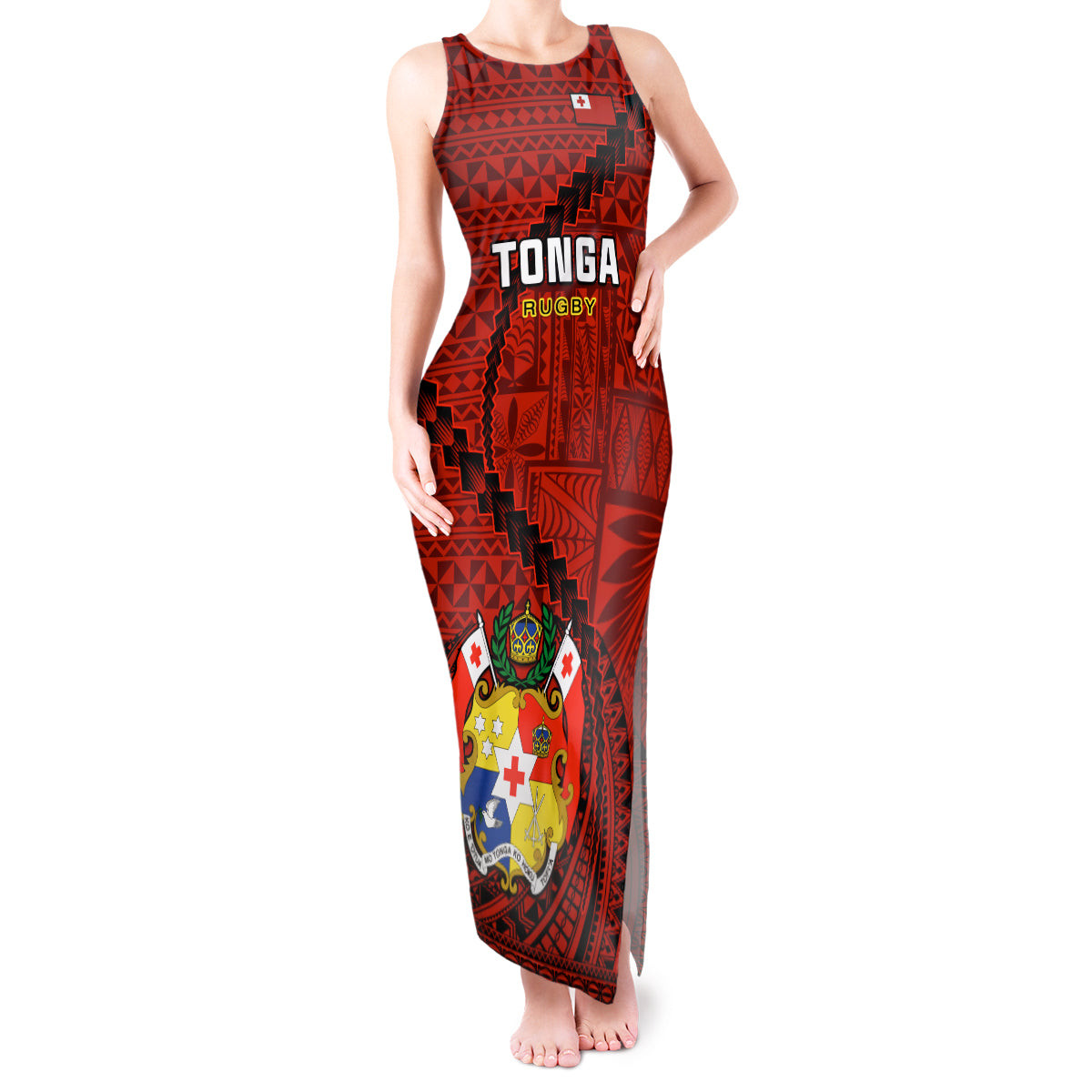 Custom Tonga Rugby Tank Maxi Dress Tongan Ngatu Pattern Black Version LT01 Women Red - Polynesian Pride