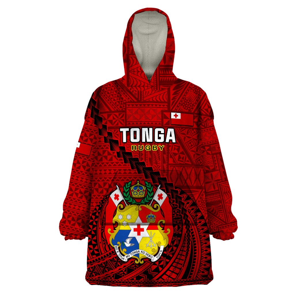 Custom Tonga Rugby Wearable Blanket Hoodie Tongan Ngatu Pattern Black Version LT01 One Size Red - Polynesian Pride