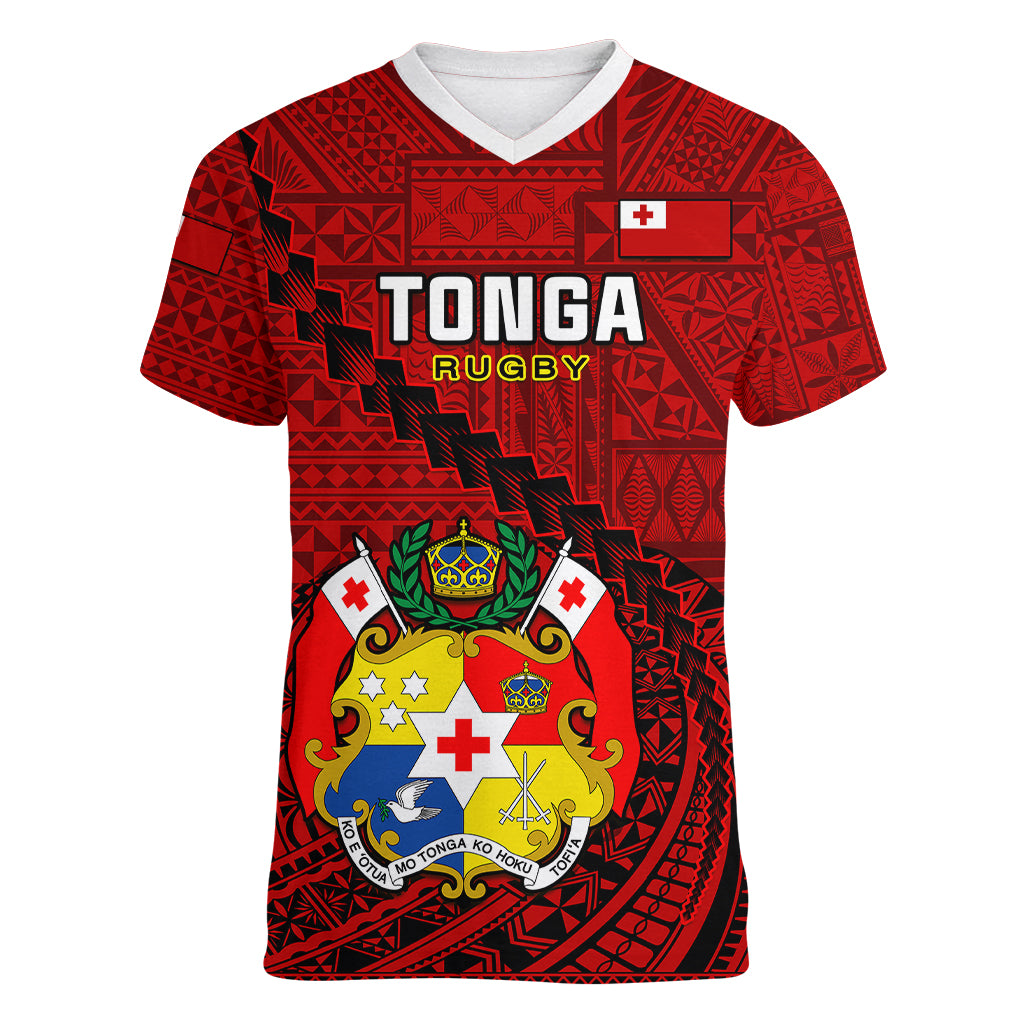 Custom Tonga Rugby Women V Neck T Shirt Tongan Ngatu Pattern Black Version LT01 Female Red - Polynesian Pride