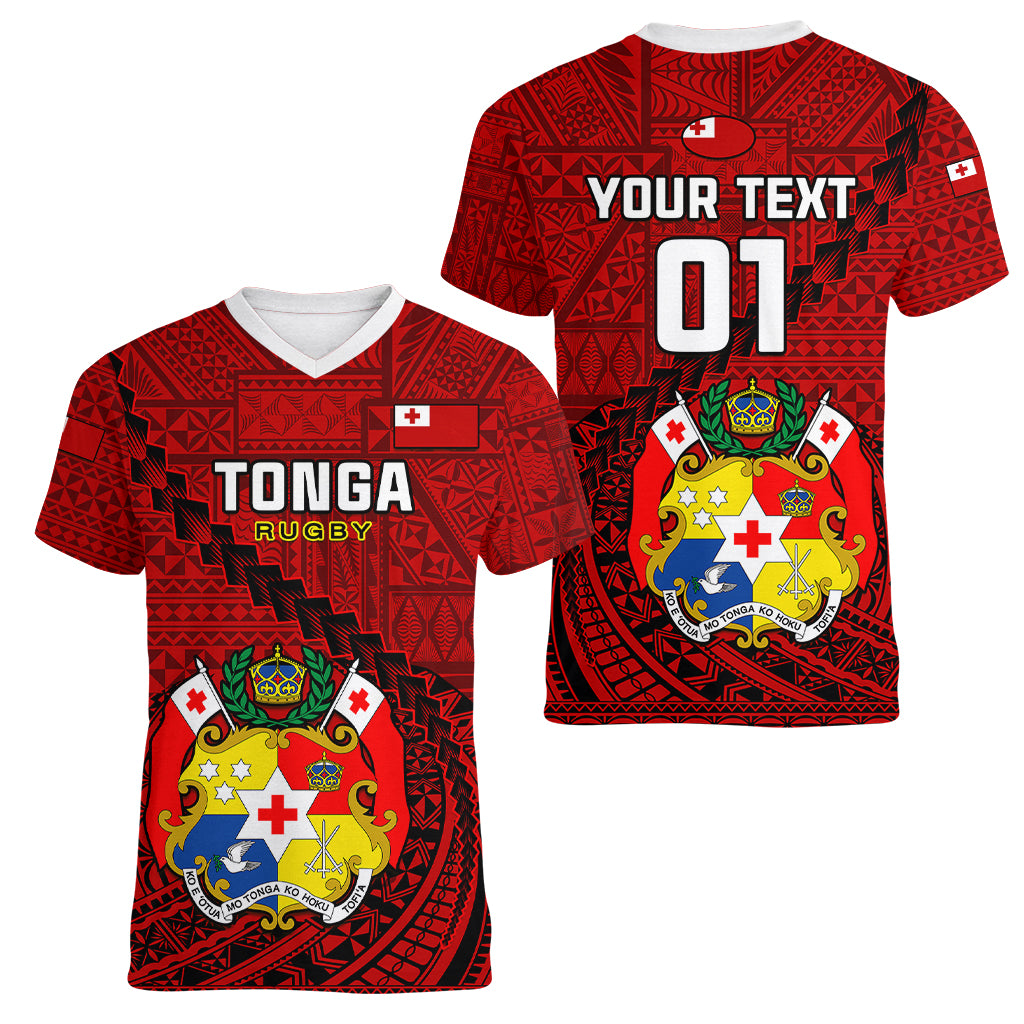 Custom Tonga Rugby Women V Neck T Shirt Tongan Ngatu Pattern Black Version LT01 - Polynesian Pride