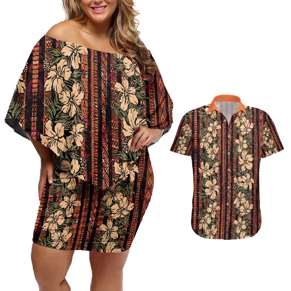 Hawaii Hibiscus Couples Matching Off Shoulder Short Dress and Hawaiian Shirt Retro Style - Polynesian Pride