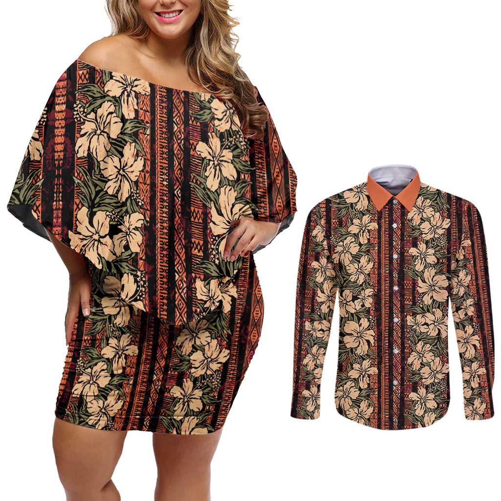 Hawaii Hibiscus Couples Matching Off Shoulder Short Dress and Long Sleeve Button Shirt Retro Style - Polynesian Pride