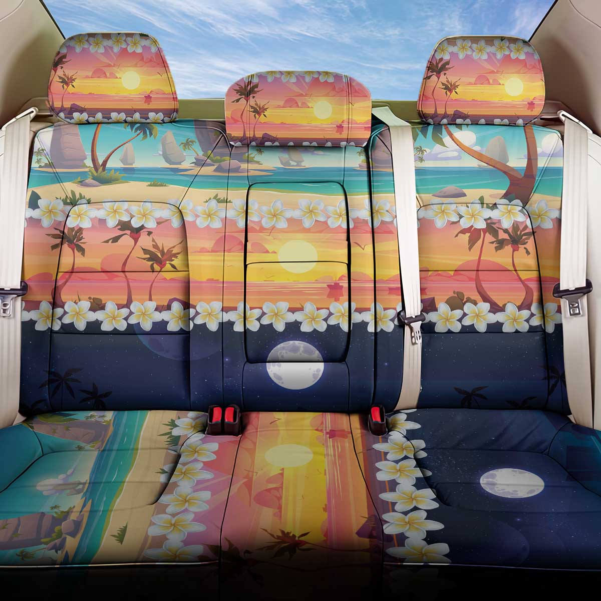 Hawaii Beach Landscape Time-Lapse Back Car Seat Cover Tropical Plumeria Flowers - Polynesian Pride
