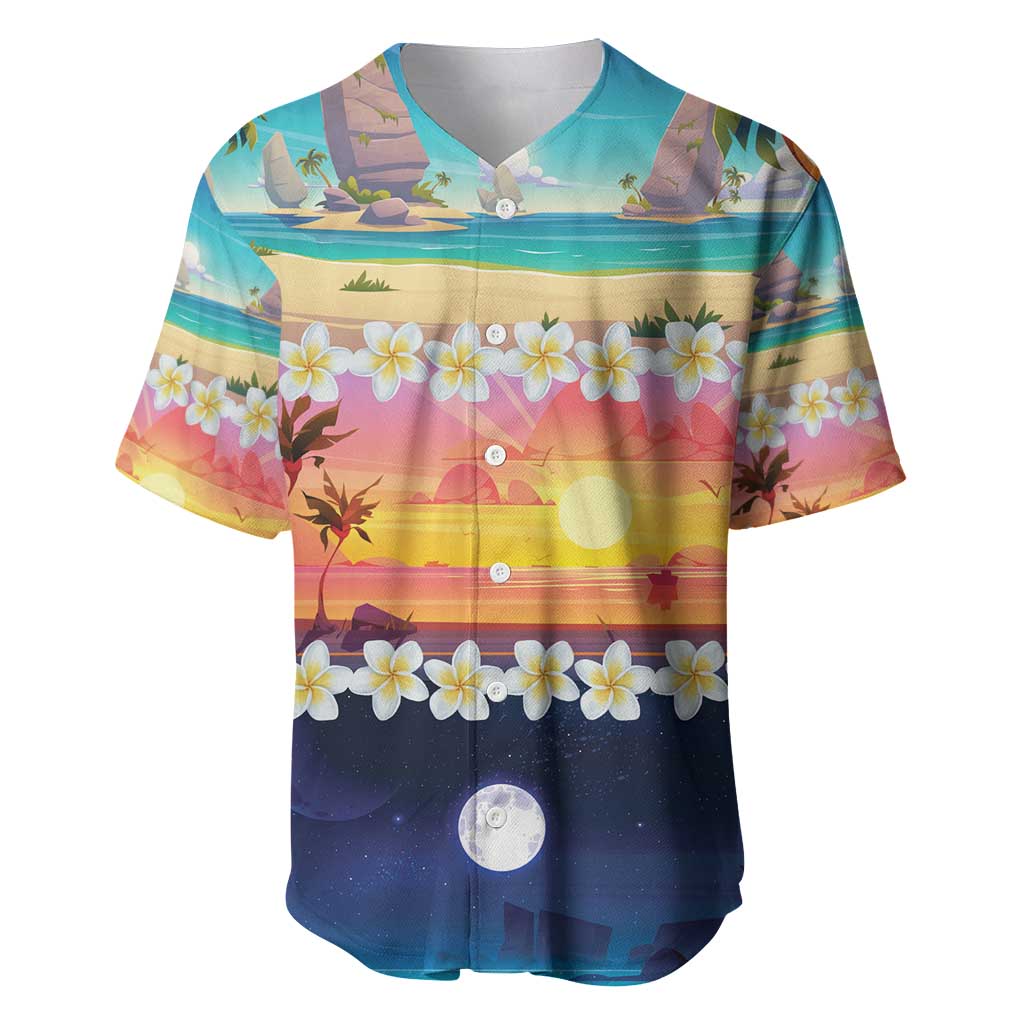 Hawaii Beach Landscape Time-Lapse Baseball Jersey Tropical Plumeria Flowers - Polynesian Pride
