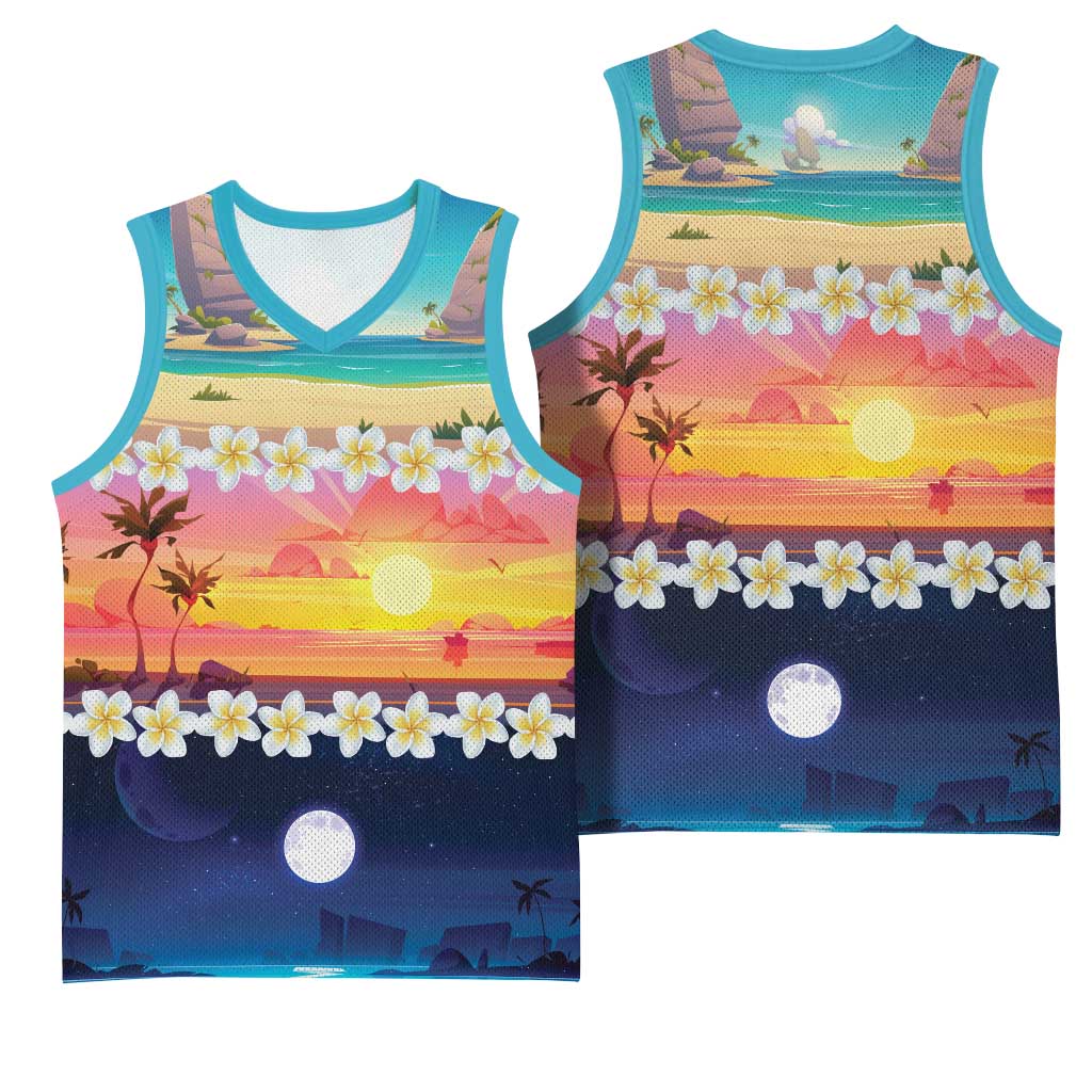 Hawaii Beach Landscape Time-Lapse Basketball Jersey Tropical Plumeria Flowers - Polynesian Pride