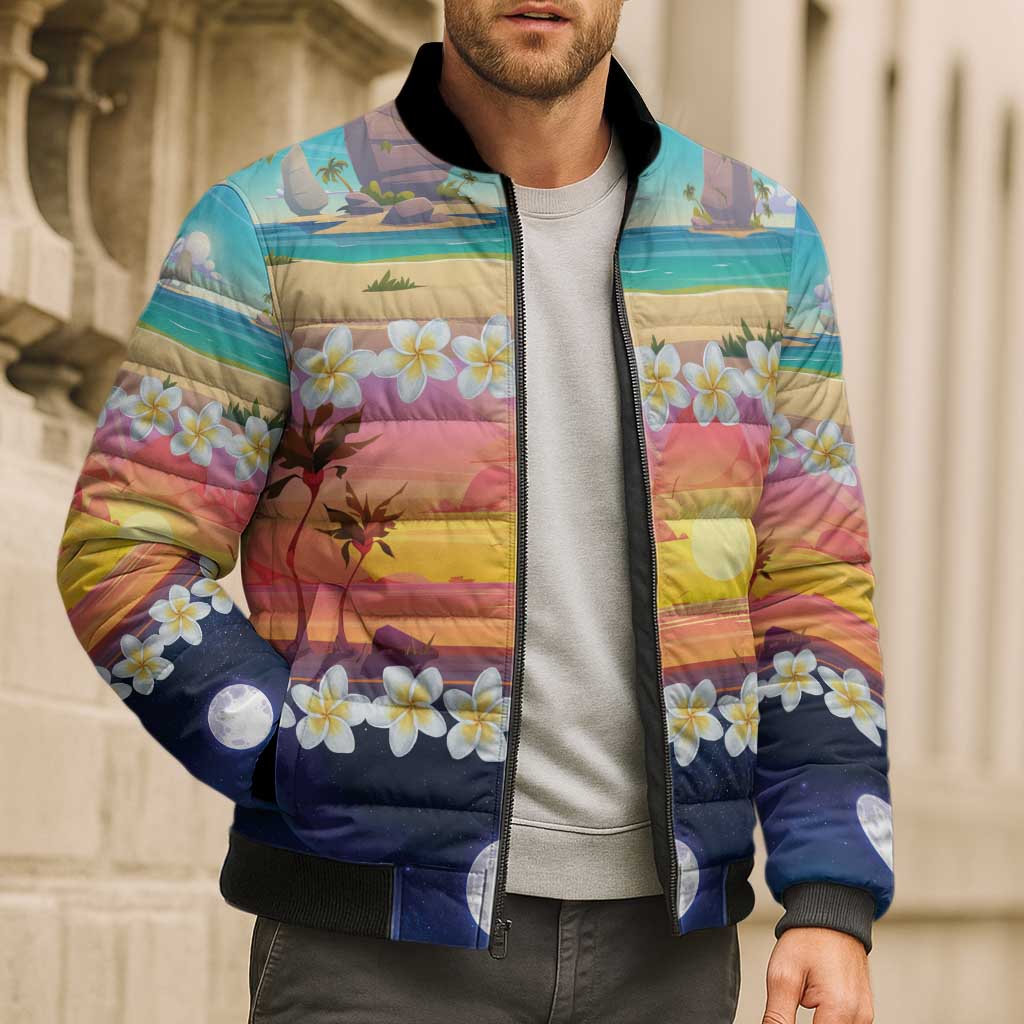 Hawaii Beach Landscape Time-Lapse Bomber Puffer Jacket Tropical Plumeria Flowers - Polynesian Pride