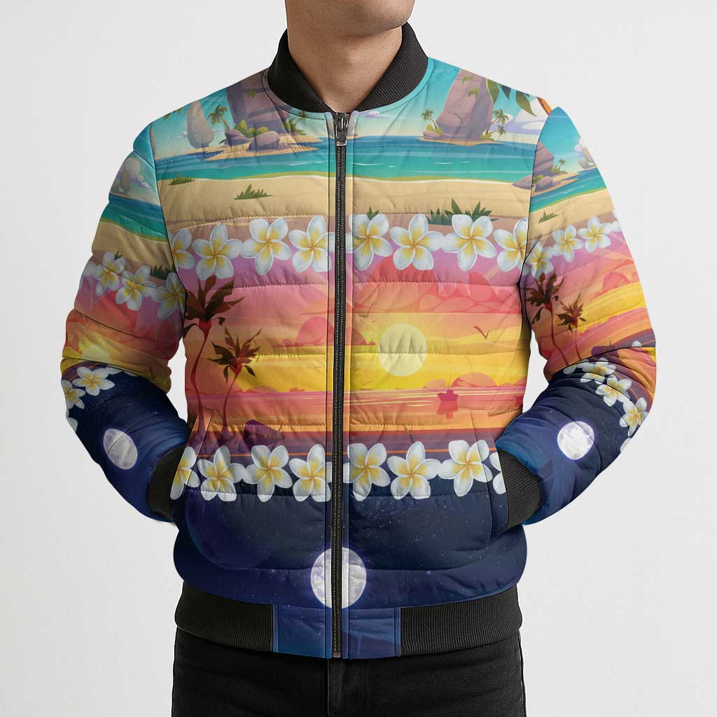 Hawaii Beach Landscape Time-Lapse Bomber Puffer Jacket Tropical Plumeria Flowers - Polynesian Pride