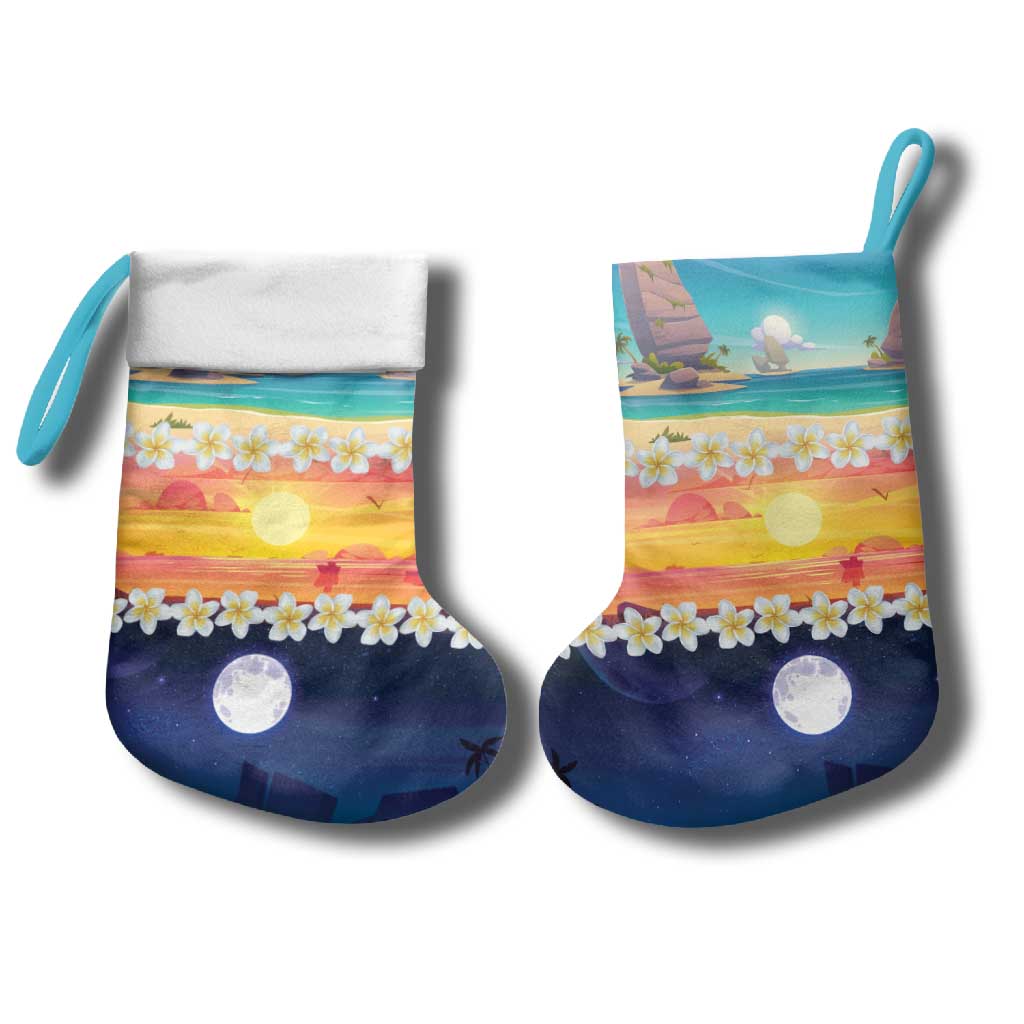 Hawaii Beach Landscape Time-Lapse Christmas Stocking Tropical Plumeria Flowers - Polynesian Pride