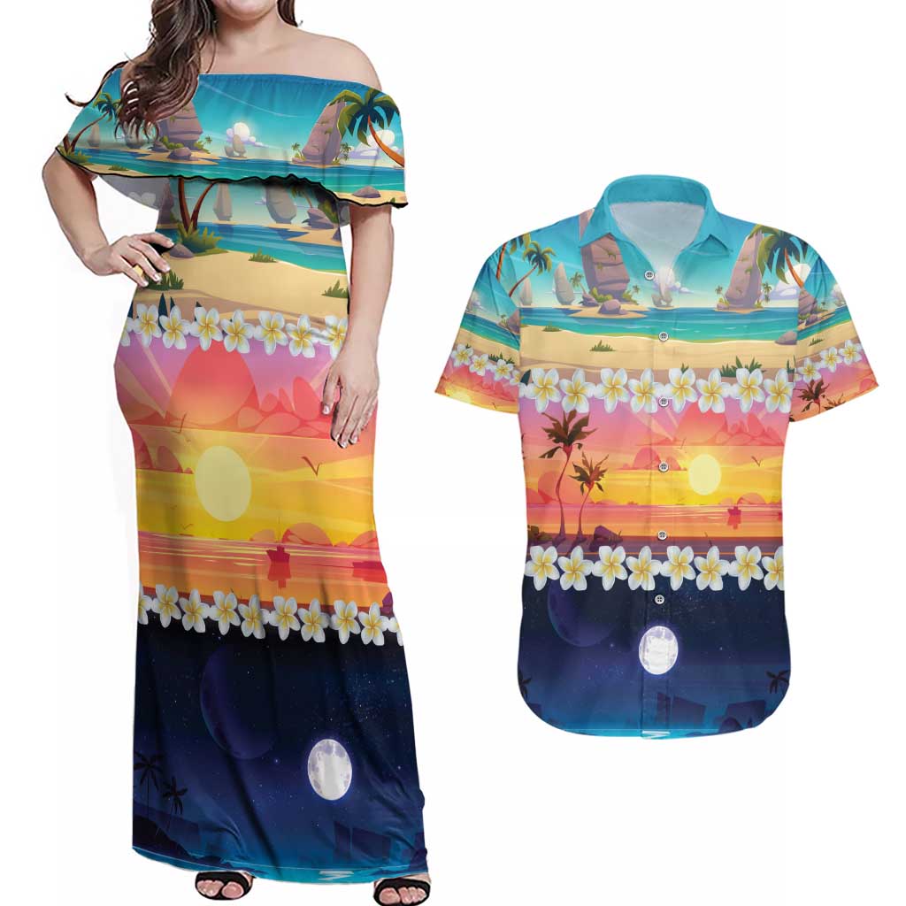 Hawaii Beach Landscape Time-Lapse Couples Matching Off Shoulder Maxi Dress and Hawaiian Shirt Tropical Plumeria Flowers - Polynesian Pride