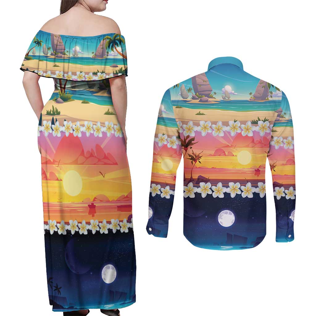 Hawaii Beach Landscape Time-Lapse Couples Matching Off Shoulder Maxi Dress and Long Sleeve Button Shirt Tropical Plumeria Flowers - Polynesian Pride