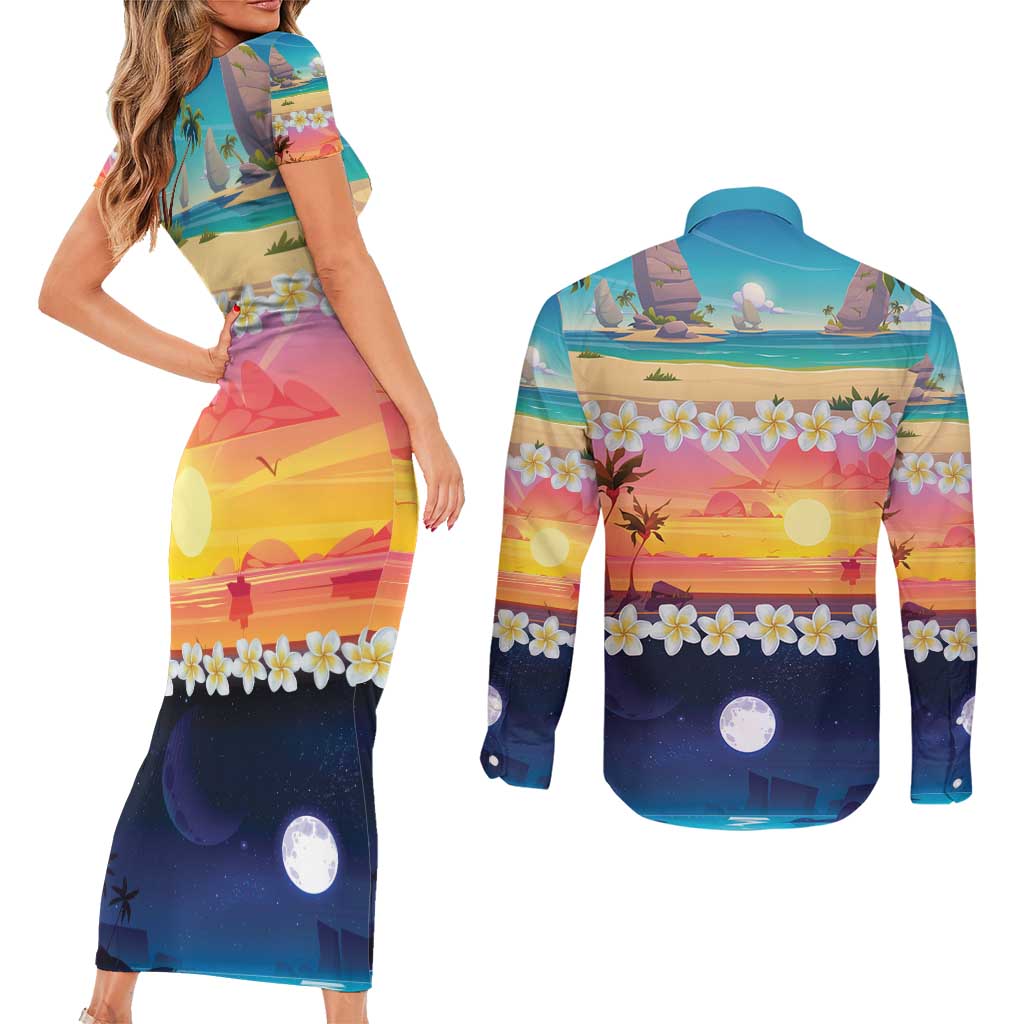 Hawaii Beach Landscape Time-Lapse Couples Matching Short Sleeve Bodycon Dress and Long Sleeve Button Shirt Tropical Plumeria Flowers - Polynesian Pride