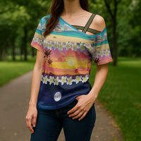 Hawaii Beach Landscape Time-Lapse Cross Shoulder Shirt Tropical Plumeria Flowers - Polynesian Pride