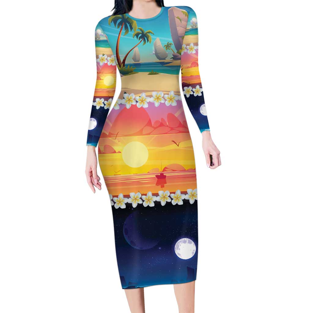 Hawaii Beach Landscape Time-Lapse Family Matching Long Sleeve Bodycon Dress and Hawaiian Shirt Tropical Plumeria Flowers - Polynesian Pride