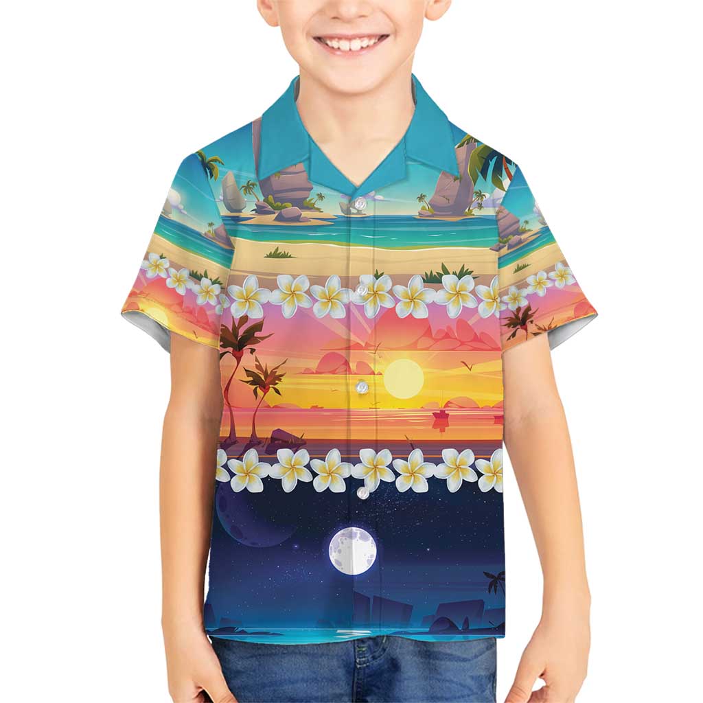 Hawaii Beach Landscape Time-Lapse Family Matching Long Sleeve Bodycon Dress and Hawaiian Shirt Tropical Plumeria Flowers - Polynesian Pride