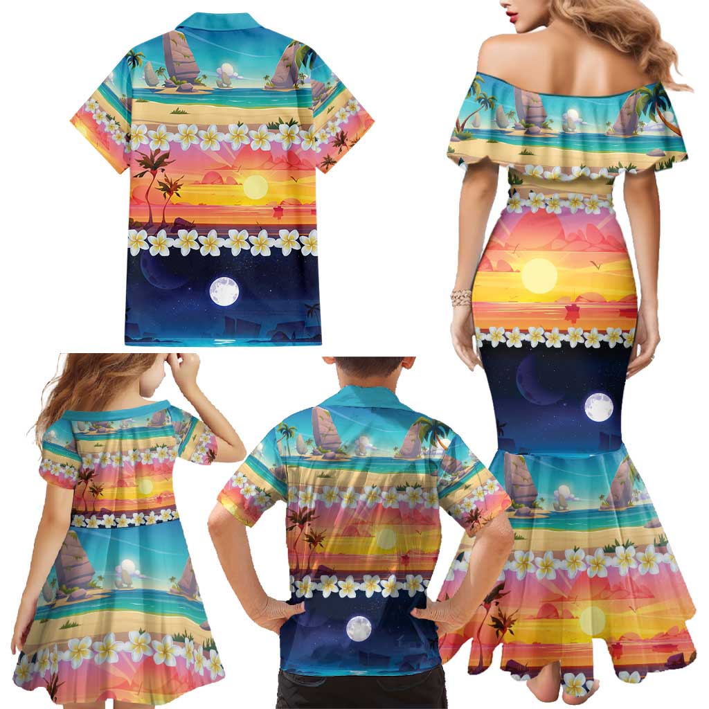 Hawaii Beach Landscape Time-Lapse Family Matching Mermaid Dress and Hawaiian Shirt Tropical Plumeria Flowers - Polynesian Pride