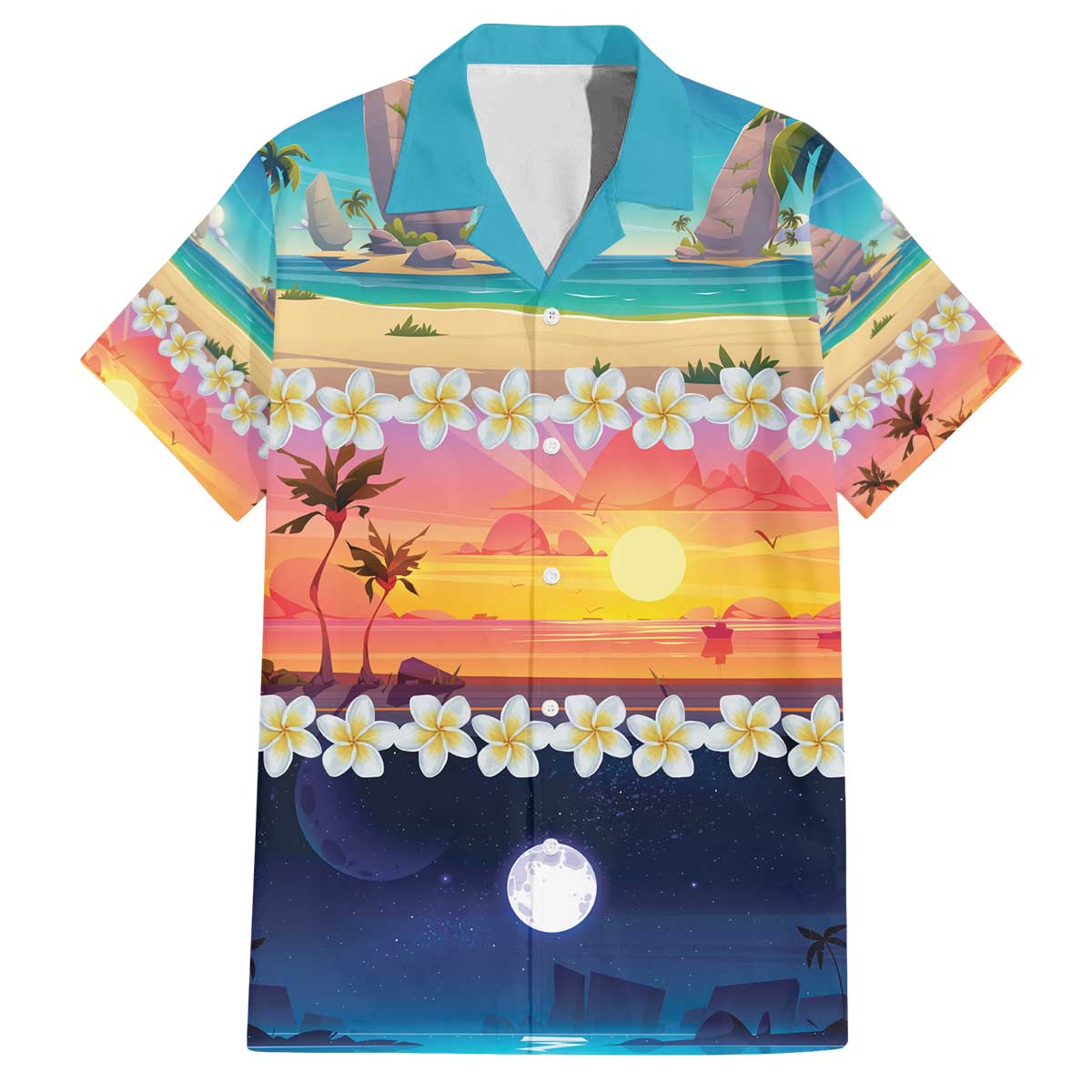 Hawaii Beach Landscape Time-Lapse Family Matching Off The Shoulder Long Sleeve Dress and Hawaiian Shirt Tropical Plumeria Flowers - Polynesian Pride