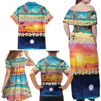 Hawaii Beach Landscape Time-Lapse Family Matching Off Shoulder Maxi Dress and Hawaiian Shirt Tropical Plumeria Flowers - Polynesian Pride