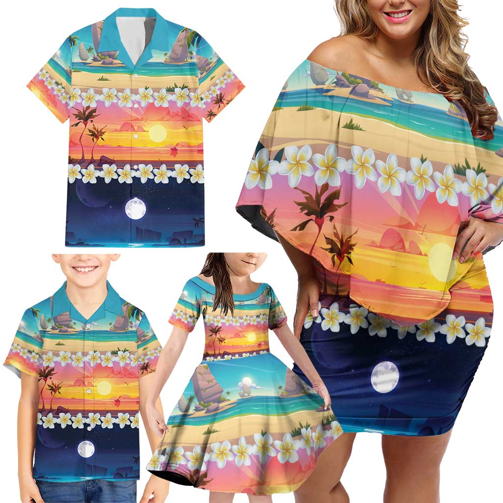 Hawaii Beach Landscape Time-Lapse Family Matching Off Shoulder Short Dress and Hawaiian Shirt Tropical Plumeria Flowers - Polynesian Pride