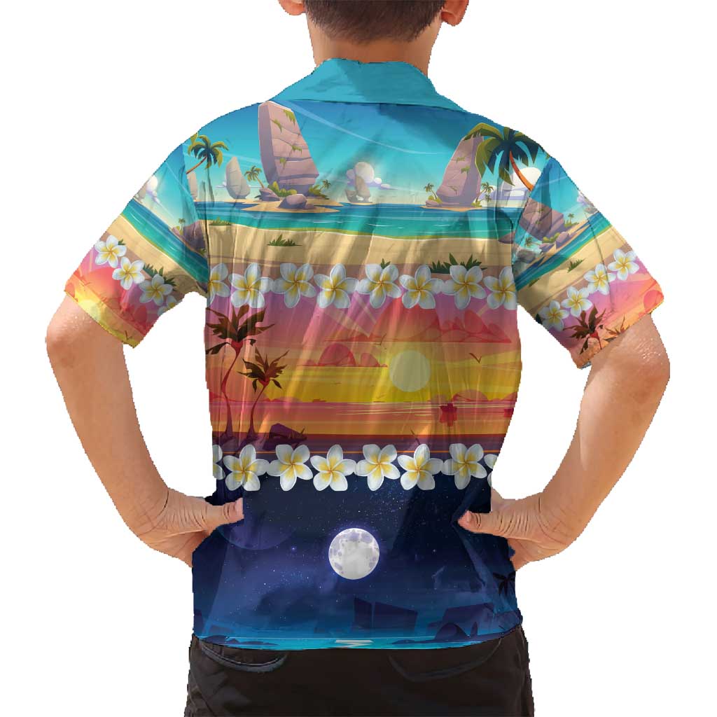 Hawaii Beach Landscape Time-Lapse Family Matching Puletasi and Hawaiian Shirt Tropical Plumeria Flowers - Polynesian Pride