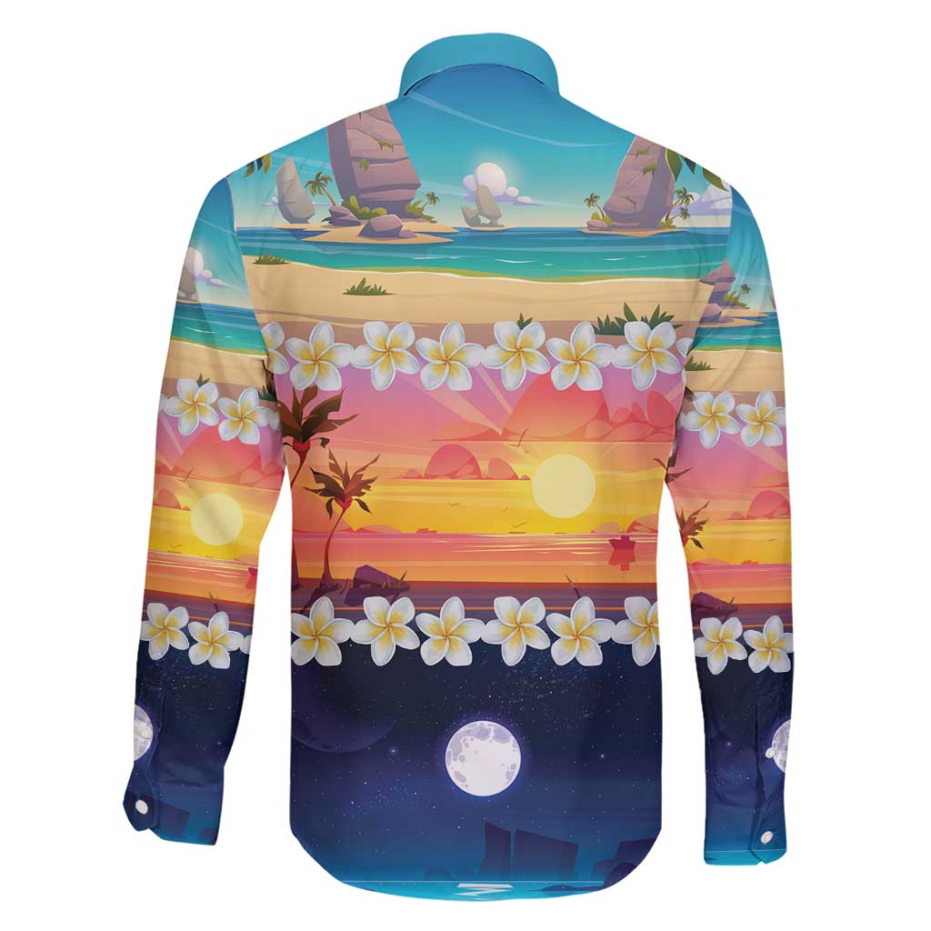 Hawaii Beach Landscape Time-Lapse Family Matching Short Sleeve Bodycon Dress and Hawaiian Shirt Tropical Plumeria Flowers - Polynesian Pride