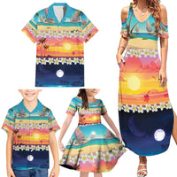 Hawaii Beach Landscape Time-Lapse Family Matching Summer Maxi Dress and Hawaiian Shirt Tropical Plumeria Flowers - Polynesian Pride