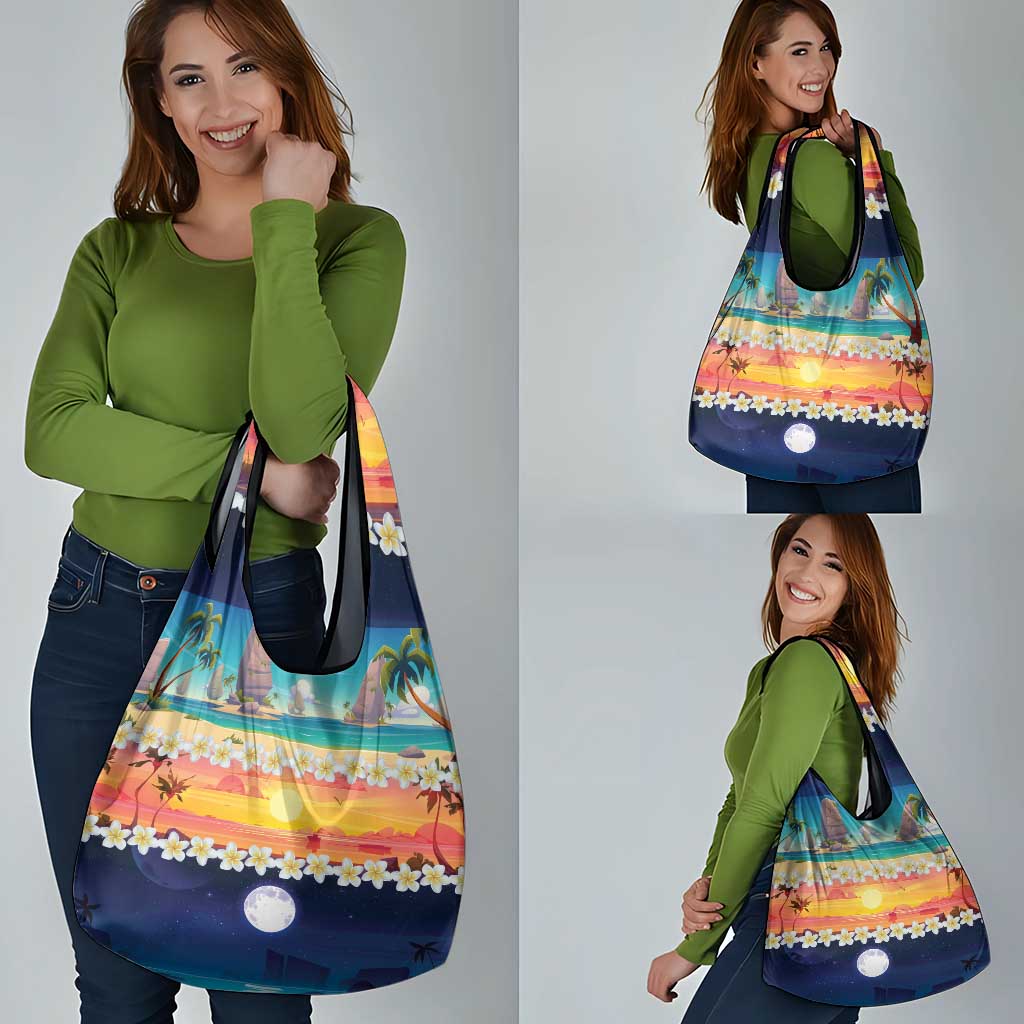 Hawaii Beach Landscape Time-Lapse Grocery Bag Tropical Plumeria Flowers - Polynesian Pride