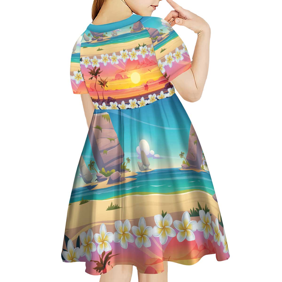 Hawaii Beach Landscape Time-Lapse Kid Short Sleeve Dress Tropical Plumeria Flowers - Polynesian Pride