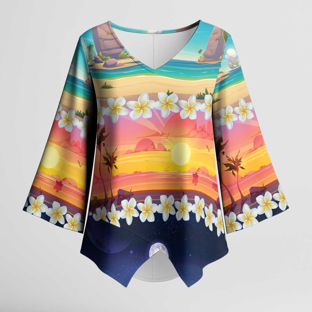 Hawaii Beach Landscape Time-Lapse Kimono Sleeve Blouse Tropical Plumeria Flowers - Polynesian Pride