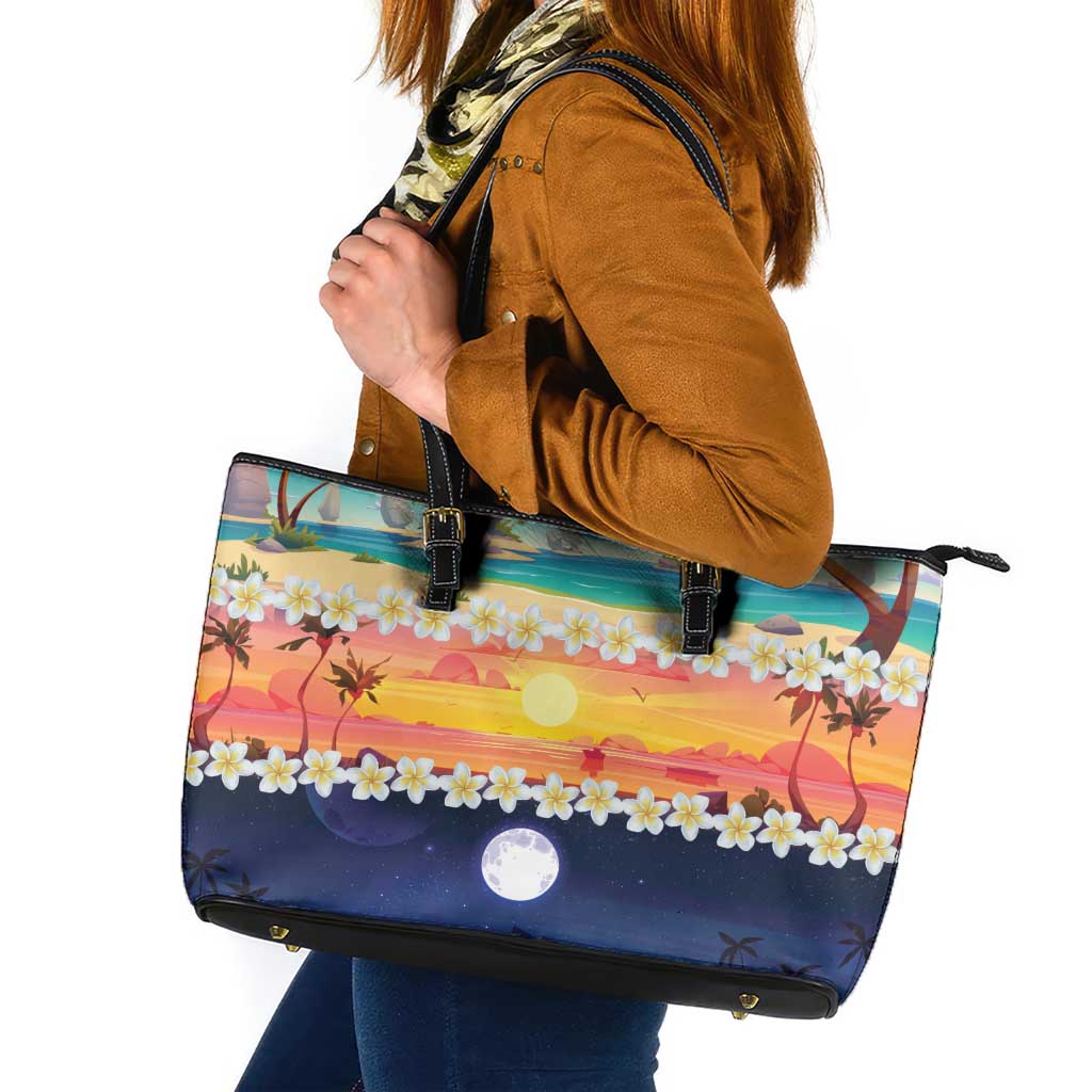 Hawaii Beach Landscape Time-Lapse Leather Tote Bag Tropical Plumeria Flowers - Polynesian Pride