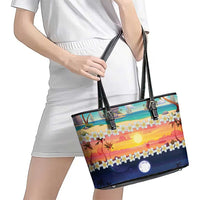 Hawaii Beach Landscape Time-Lapse Leather Tote Bag Tropical Plumeria Flowers - Polynesian Pride