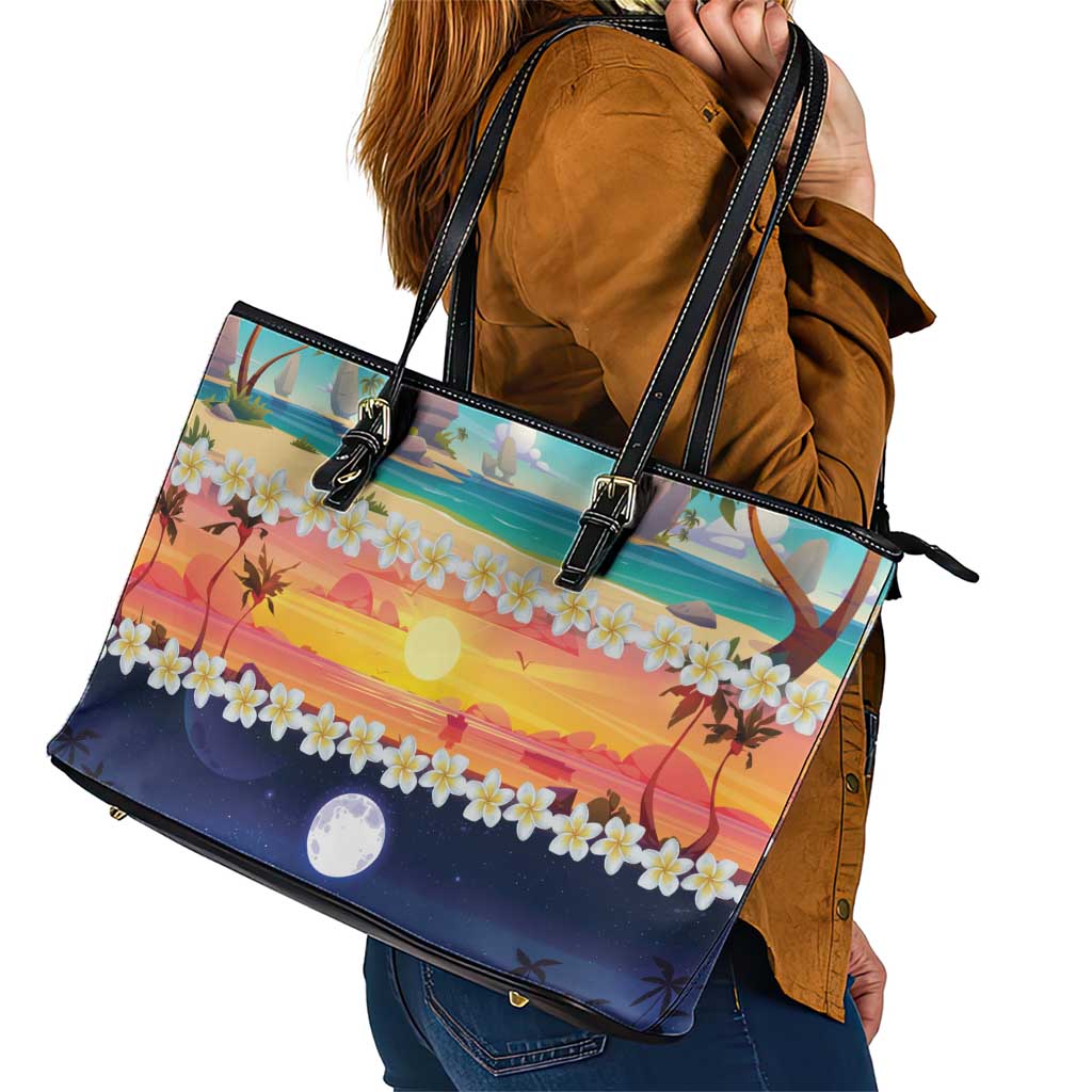Hawaii Beach Landscape Time-Lapse Leather Tote Bag Tropical Plumeria Flowers - Polynesian Pride