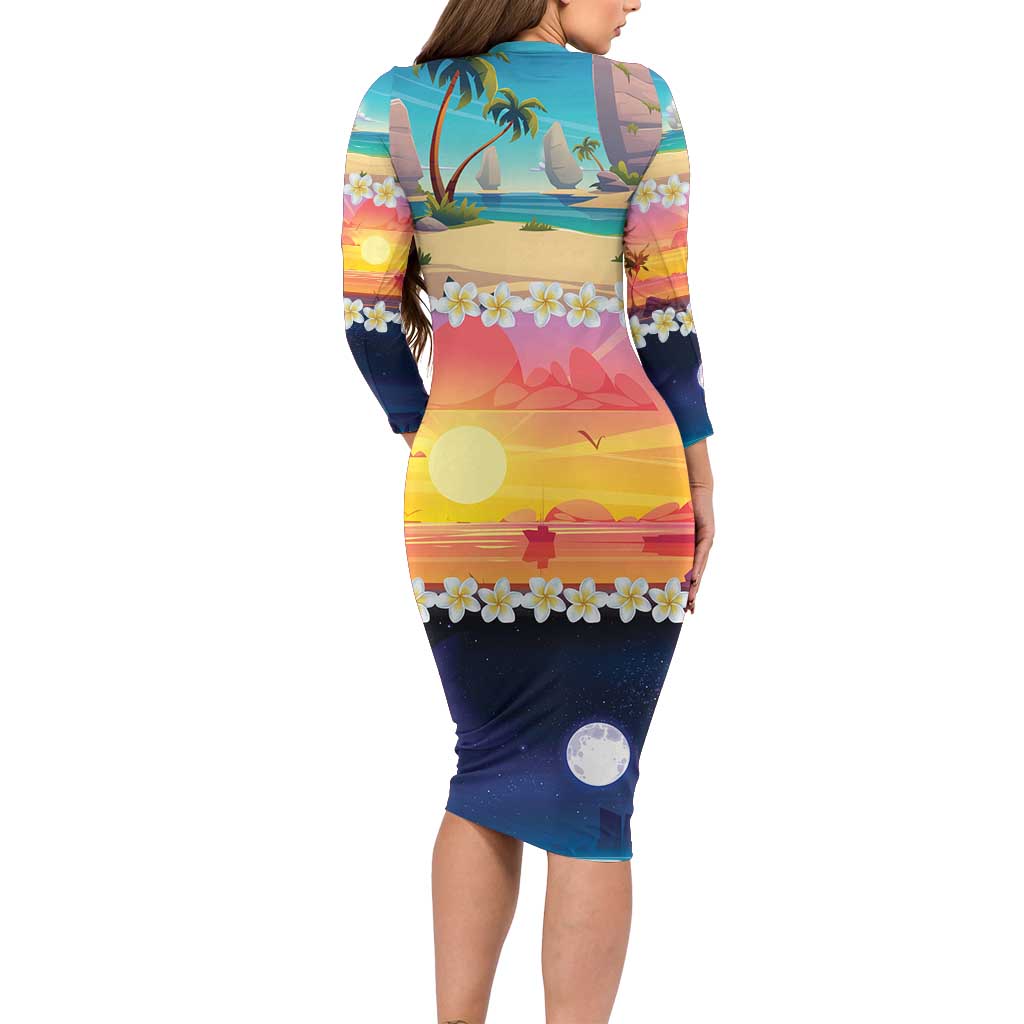 Hawaii Beach Landscape Time-Lapse Long Sleeve Bodycon Dress Tropical Plumeria Flowers - Polynesian Pride