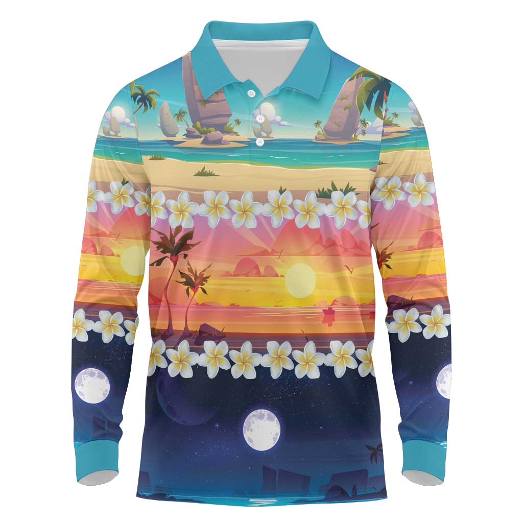 Hawaii Beach Landscape Time-Lapse Long Sleeve Polo Shirt Tropical Plumeria Flowers - Polynesian Pride