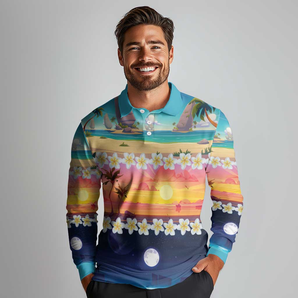 Hawaii Beach Landscape Time-Lapse Long Sleeve Polo Shirt Tropical Plumeria Flowers - Polynesian Pride